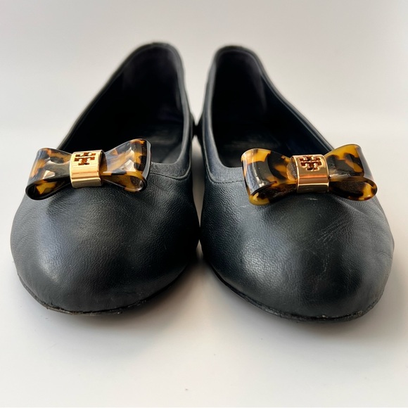 Tory Burch Sz 8 Preppy Ballet flats tortoise bow Jolene Tortuga Gold Reva navy - Picture 5 of 16